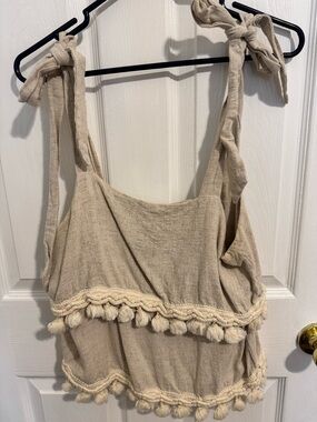 Boho Tassel Tie-Shoulder Linen Blend Top - Beige